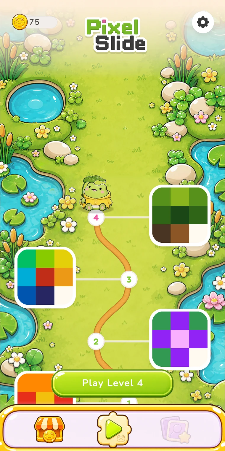 연못과 오솔길로 구성된 Retro Pixel Slider 레벨 지도